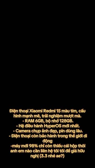 Xiaomi Redmi 15 128GB Tím. Mua bán Điện thoại tại Huyện Củ Chi Tp Hồ Chí Minh được đăng bởi Mình Quyền hình 1