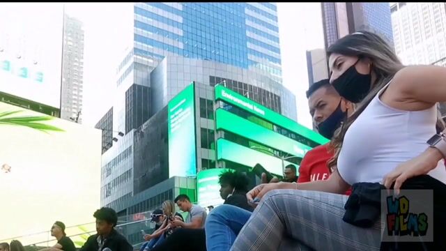 Times Square, denim jumpsuit, fully clothed