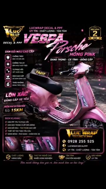 Dịch vụ dán xe Piaggio Vespa màu Hồng Porsche. Dịch vụ tại Quận 10 Tp Hồ Chí Minh được đăng bởi Luc Wrap hình 1