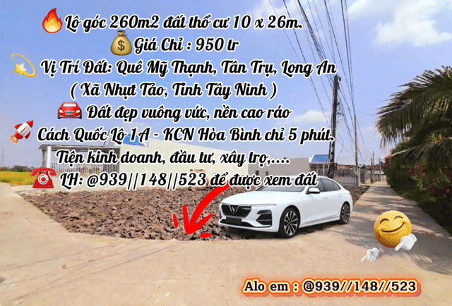 Mua bán Đất Huyện Tân Trụ Long An diện tích 261 m² giá 950 triệu