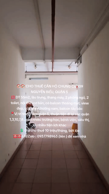 Cho thuê Căn hộ Chung cư Quận 5 Tp Hồ Chí Minh diện tích 55 m² giá 10 triệu/tháng