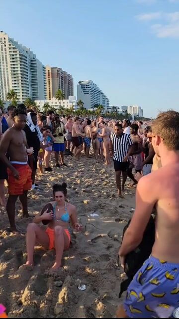 Beach crowd in swimwear, normal beach context
