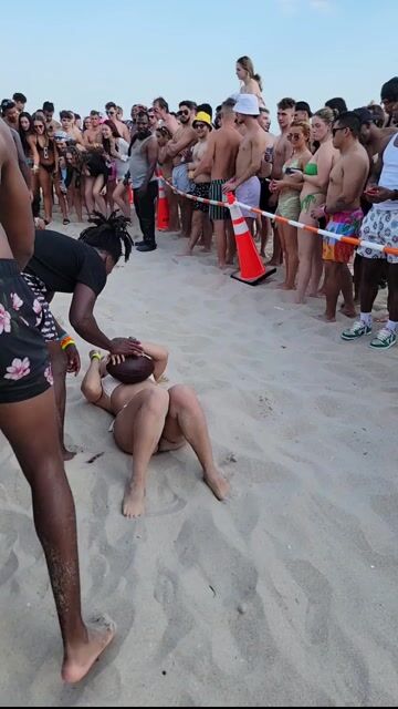 Beach crowd in swimwear, wide shots