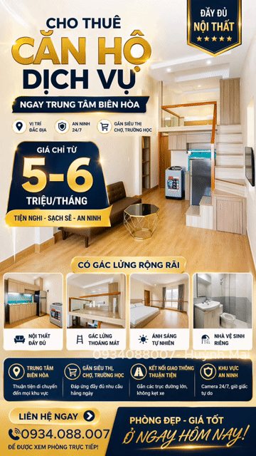 Cho thuê Căn hộ Chung cư Thành phố Biên Hòa Đồng Nai diện tích 30 m² giá 5 triệu/tháng
