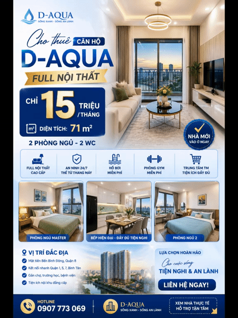 Cho thuê Căn hộ Chung cư D-Aqua Quận 8 Tp Hồ Chí Minh diện tích 71 m² giá 15 triệu/tháng