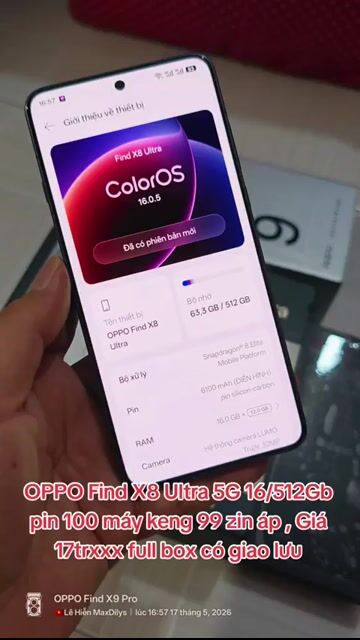 OPPO Find X8 Ultra 5G 16/512Gb ,Pin 100, máy 99,9%. Mua bán Điện thoại tại Thành phố Mỹ Tho Tiền Giang được đăng bởi LH Max Dilys hình 1