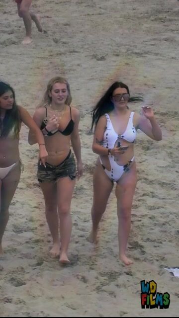 Women in bikinis on beach, full-body shots