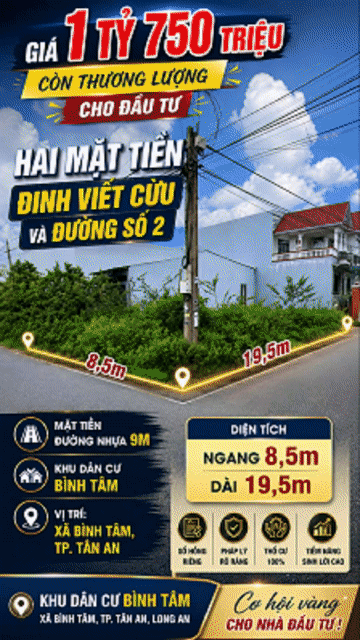 Mua bán Đất Thành phố Tân An Long An diện tích 161.6 m² giá 1,65 tỷ