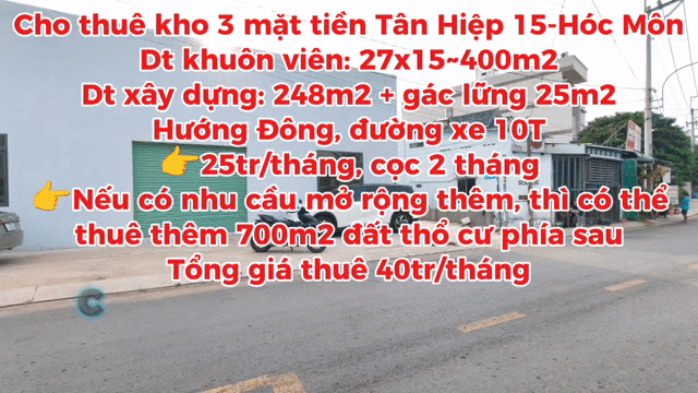 Cho thuê Văn phòng, Mặt bằng kinh doanh Huyện Hóc Môn Tp Hồ Chí Minh diện tích 400 m² giá 25 triệu/tháng