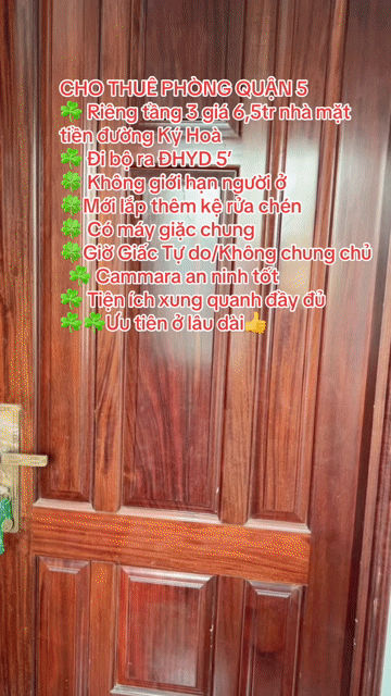 Cho thuê Phòng trọ Quận 5 Tp Hồ Chí Minh diện tích 42 m² giá 6,5 triệu/tháng