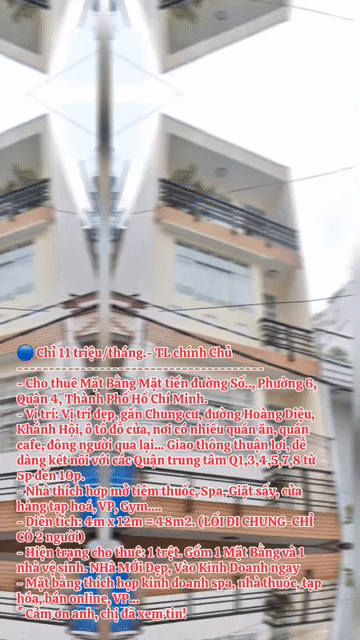 Cho thuê Văn phòng, Mặt bằng kinh doanh Quận 4 Tp Hồ Chí Minh diện tích 48 m² giá 10,5 triệu/tháng