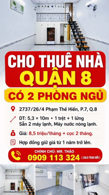 Cho thuê Nhà ở Quận 8 Tp Hồ Chí Minh diện tích 53 m² giá 8,5 triệu/tháng