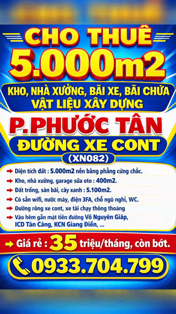 Cho thuê Văn phòng, Mặt bằng kinh doanh Thành phố Biên Hòa Đồng Nai diện tích 5000 m² giá 35 triệu/tháng