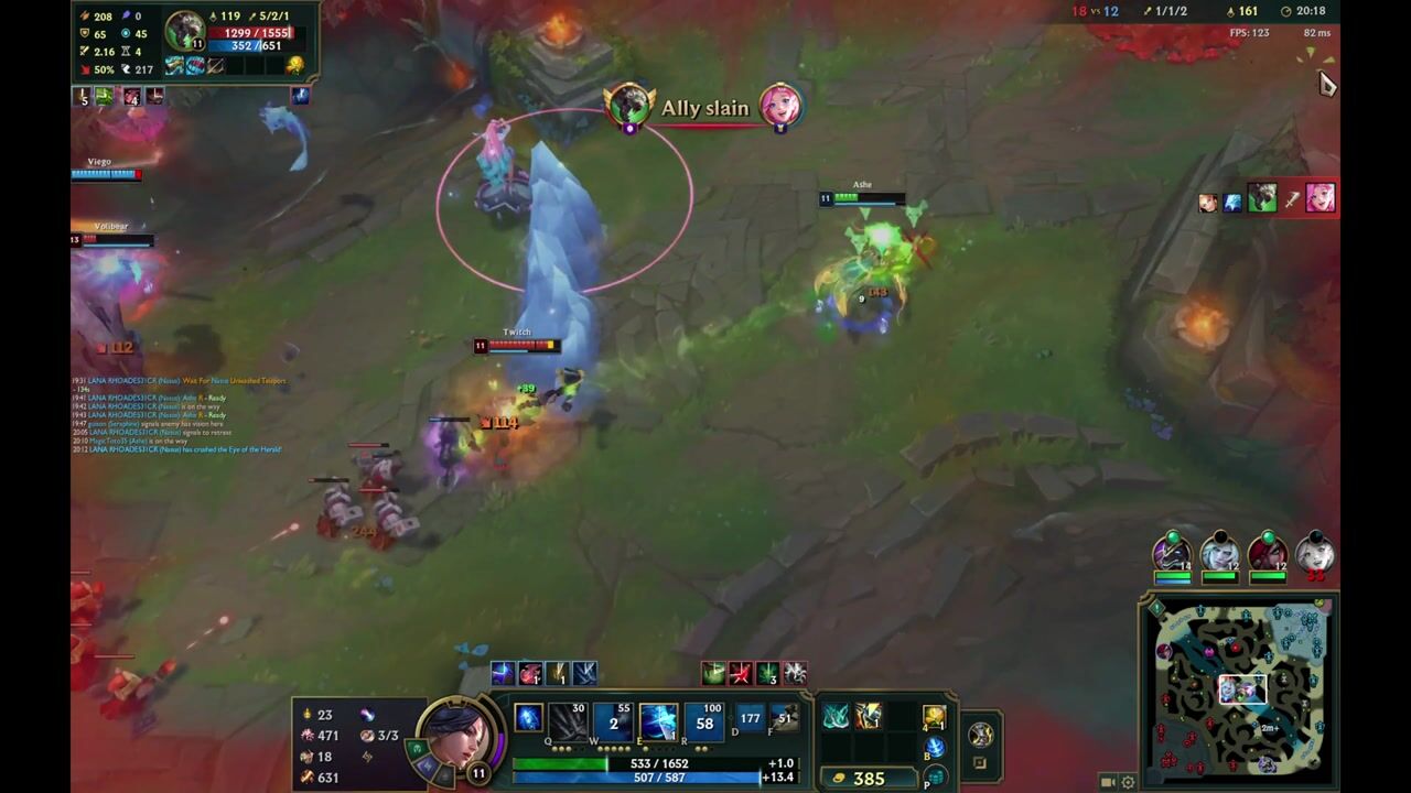 Frame 6, the death: You: mid lane, HP 34%; Visible: anivia, twitch
