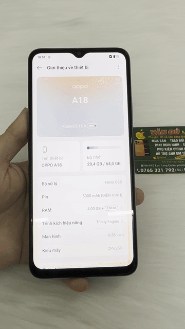 OPPO A18 Xanh 64GB máy zin bh 3 tháng. Mua bán Điện thoại tại Quận 11 Tp Hồ Chí Minh được đăng bởi Lưu Văn Đủ hình 1