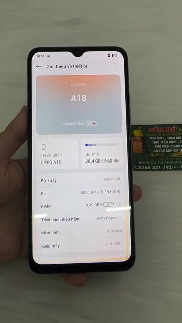 OPPO A18 Xanh 64GB máy zin bh 3 tháng. Mua bán Điện thoại tại Quận 11 Tp Hồ Chí Minh được đăng bởi Lưu Văn Đủ hình 1