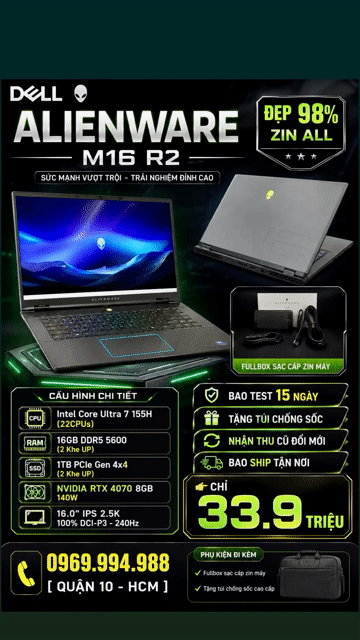Dell Alienware M16 R2 Ultra 7 155H RTX4070 Fullbox. Mua bán Laptop tại Quận 10 Tp Hồ Chí Minh được đăng bởi Trung Trương hình 1
