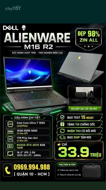 Dell Alienware M16 R2 Ultra 7 155H RTX4070 Fullbox. Mua bán Laptop tại Quận 10 Tp Hồ Chí Minh được đăng bởi Trung Trương hình 1