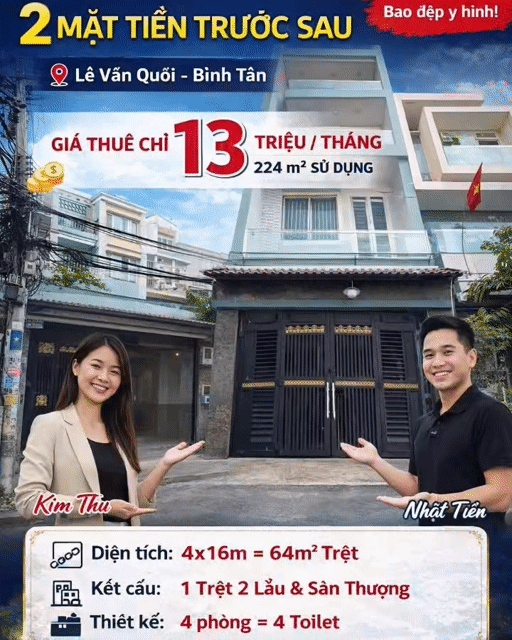 Cho thuê Nhà ở Quận Bình Tân Tp Hồ Chí Minh diện tích 64 m² giá 13 triệu/tháng