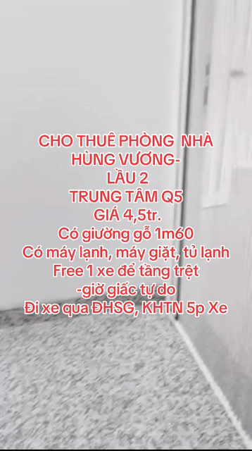 Cho thuê Phòng trọ Quận 5 Tp Hồ Chí Minh diện tích 20 m² giá 4,5 triệu/tháng